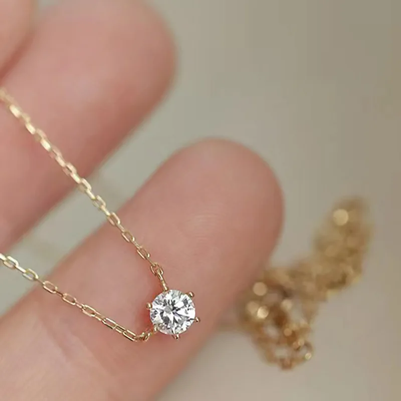 S925 Silver Plated 24K Gold Necklace Versatile Single Diamond Clavicle Chain Six-claw Zircon Sterling Silver Necklace for Women