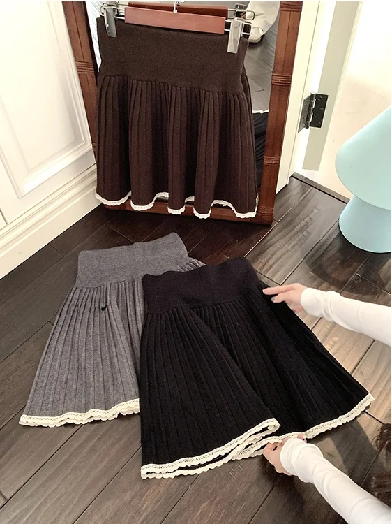 High Waist Knitted Lace Trim  Skirt Women's A-Line Short Skirt Casual Style Autumn Winter Design Unique Half-length Skirt
