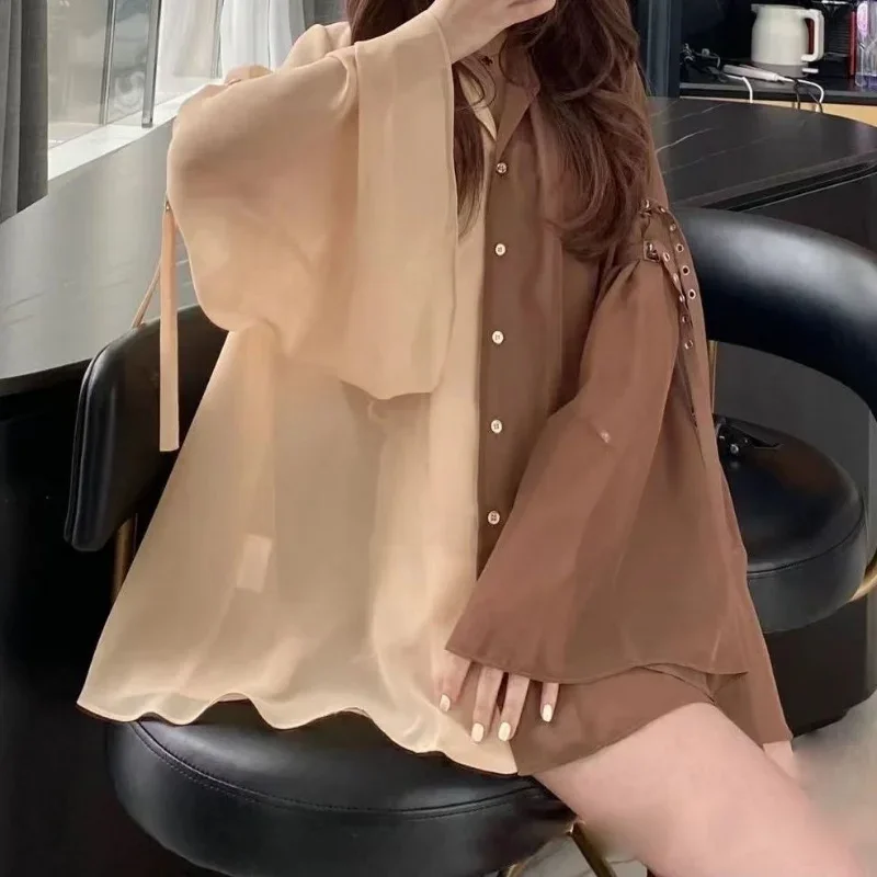 French Sunscreen Top Contrast V-neck Chiffon Shirt Women Vintage Blusas Mujer Loose Flare Sleeve Blouse Bandage Suits Tops