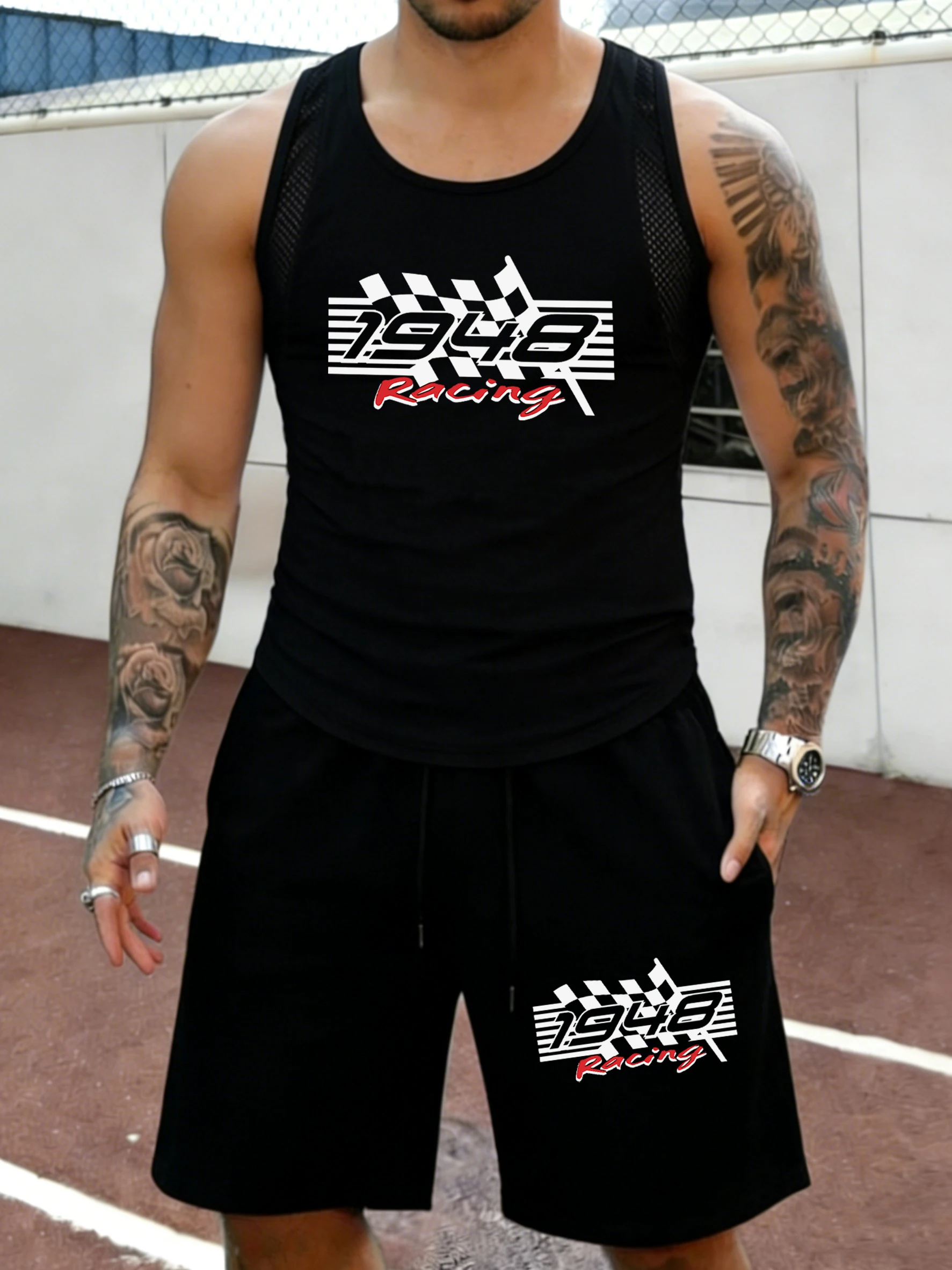 

1948 Racing Printing Male Summer Mesh Loose Short Suits Basic Simple Vest All-Match Street Sportpants Outdoor Running Shorts