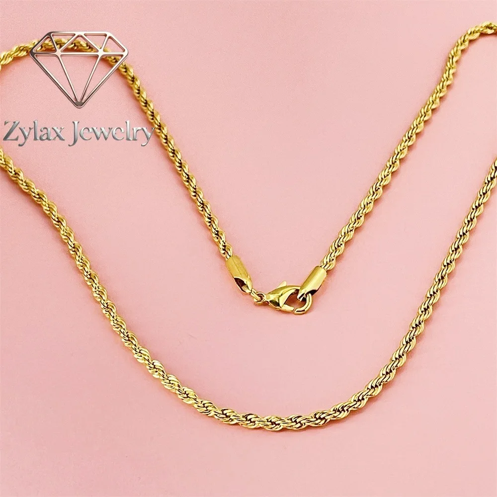 Zylax Jewelry Unisex 24K Gold AU999 3MM Twist Rope Necklace - 24K/AU999 pure gold 3MM twist, durable design, ideal for daily wea
