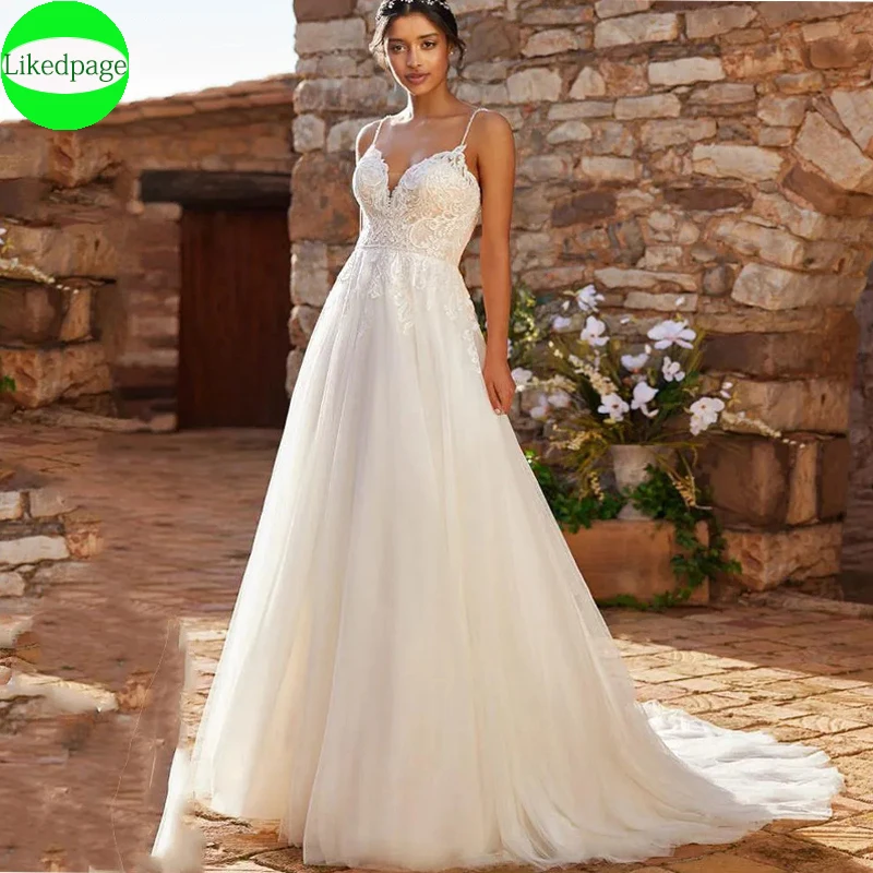 

Elegant Appliques V-Neck Wedding Dresses For Women 2023 Spaghetti Straps A-Line Vestidos De Novia Backless Suknia Ślubna Mariée