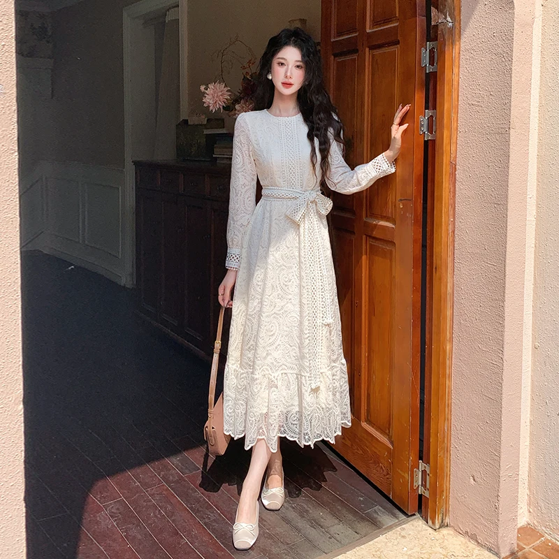 Autumn French Crochet Lace Prom Party Dress Women's O Neck Long Sleeve Embroidery Flower Hollow Out A-Line Long Robe Elegant