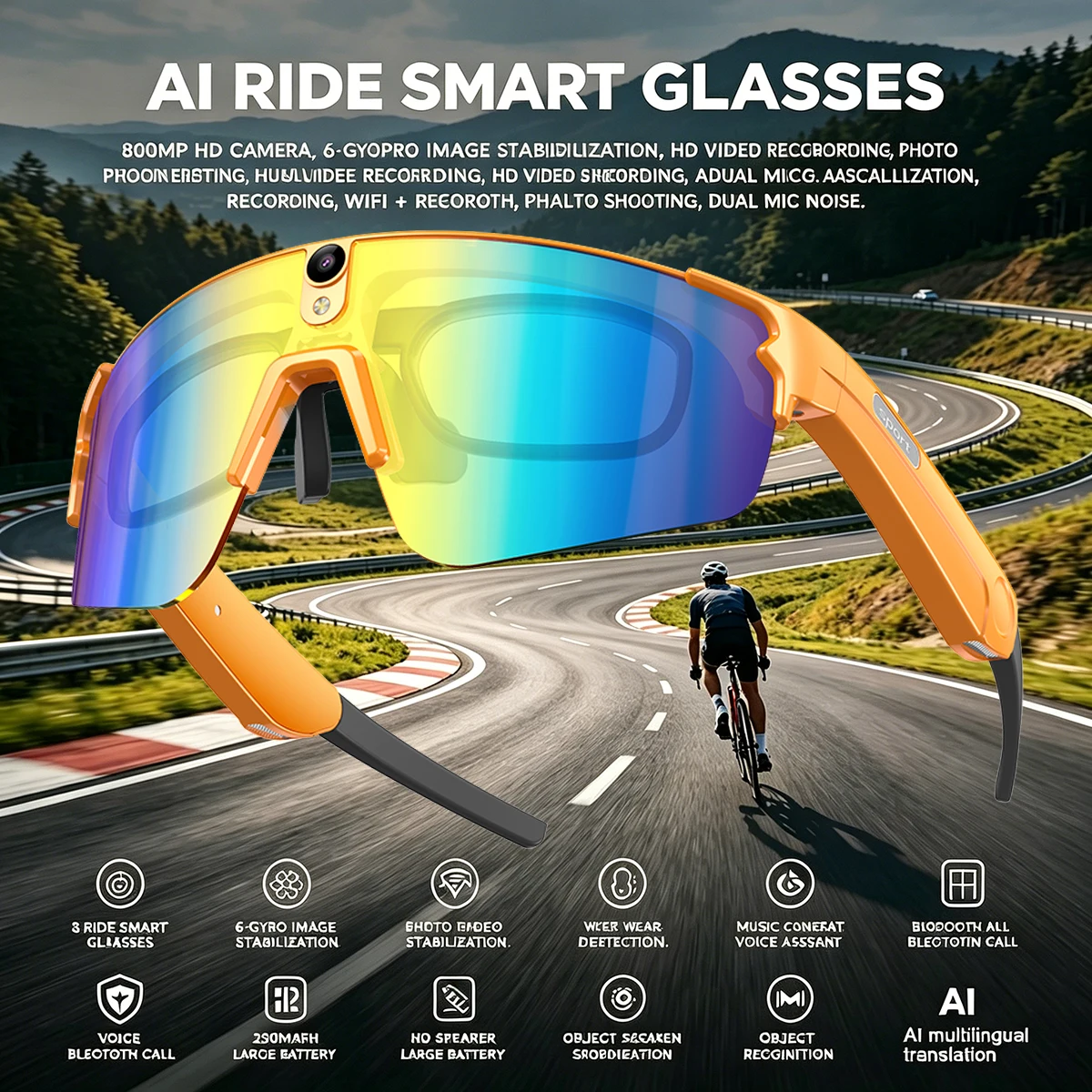

AI Smart Cycling Glasses 4K HD 800W Camera Video Recording Bluetooth Call Translation Anti-shake Sunglasses for Outdoor Sports