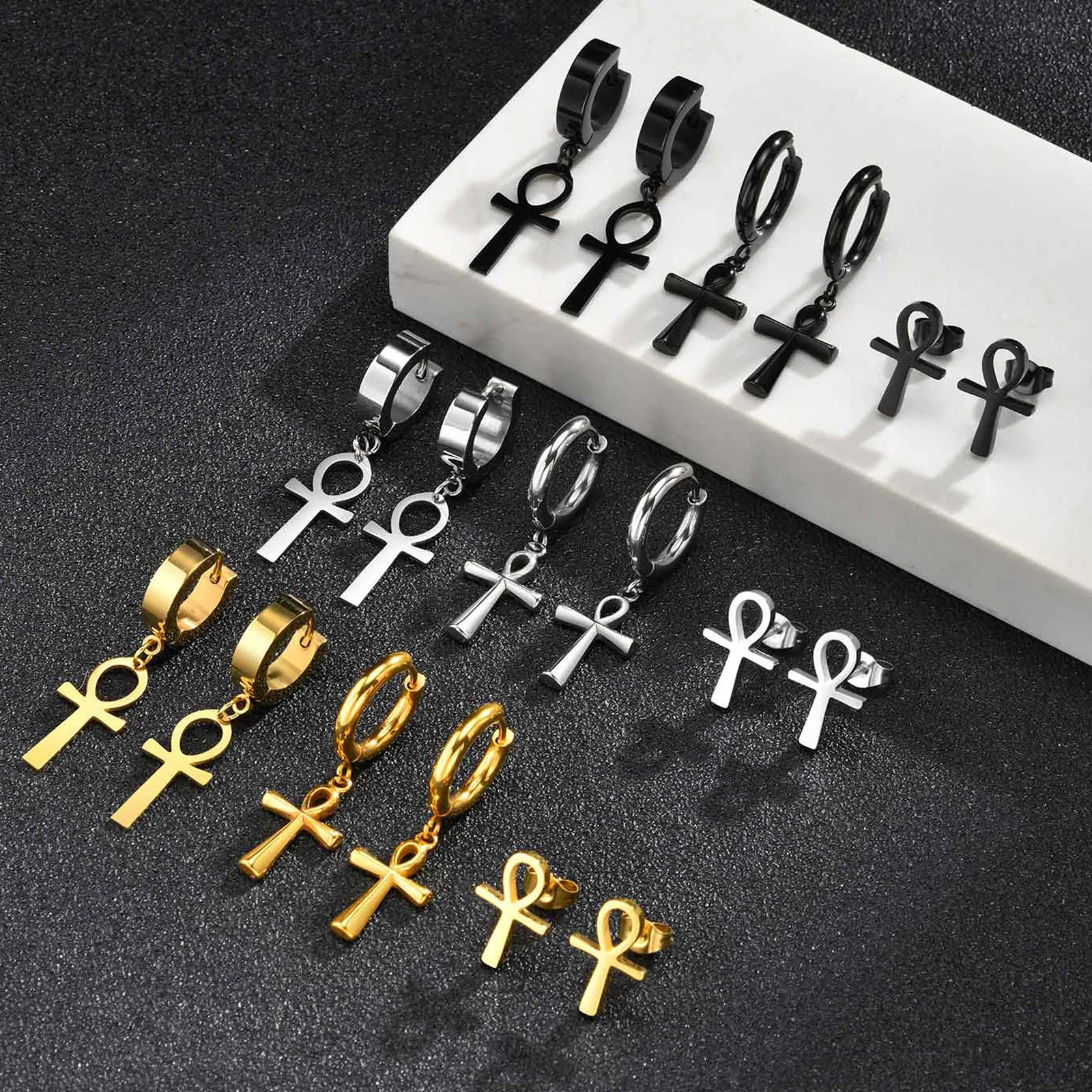 Ankh Cross Huggies Hoop Earrings for Men Women,Waterproof Stainless Steel Piercing Earring,Egyptian Cross Jewelry Gift
