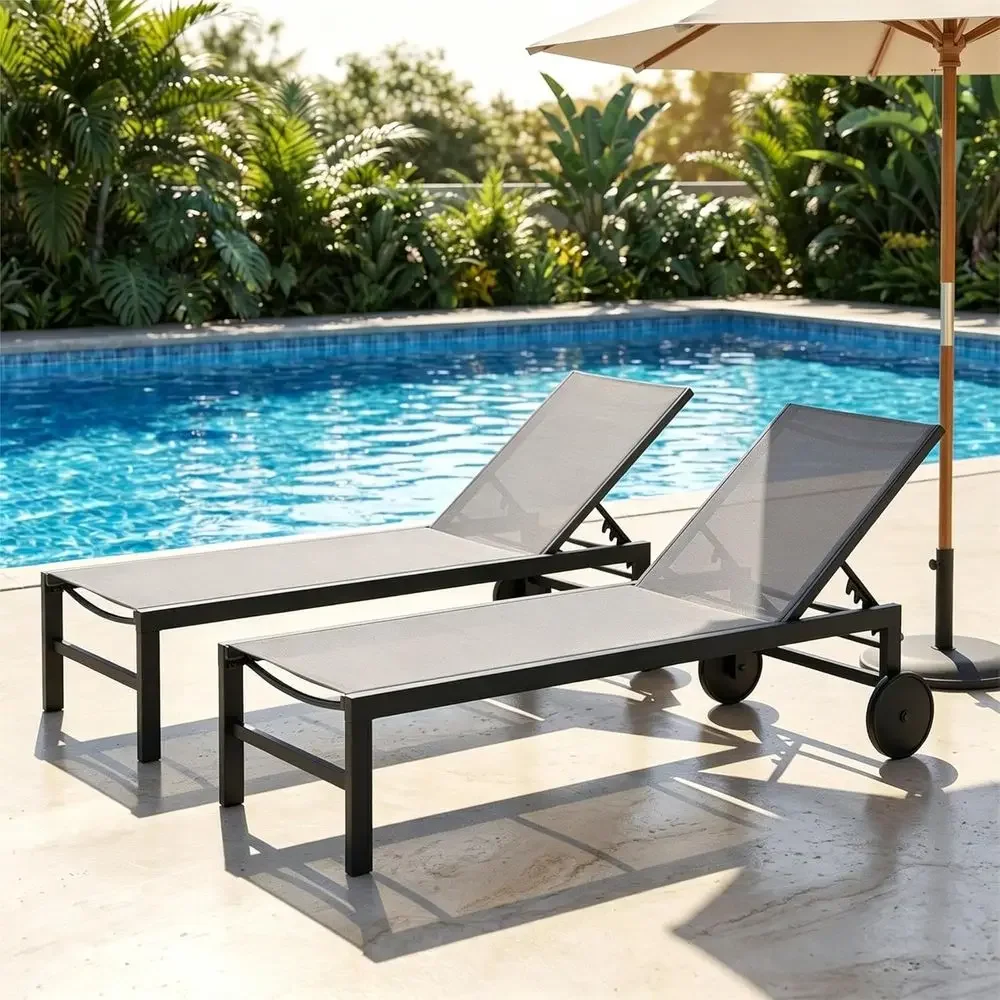 2-Piece Outdoor Patio Lounge Chair Set with 5-Position Adjustable Backrest, Weather-Resistant for Poolside or Beach Use (Light G