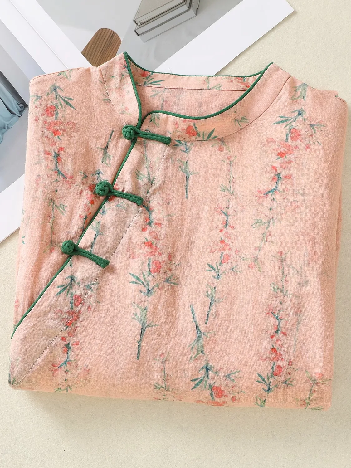 ريترو Sle المرأة الكتان irt زر حتى مطبوعة ميدي طول تعديل القطن الكتان الأعلى الصينية الجديدة Sle