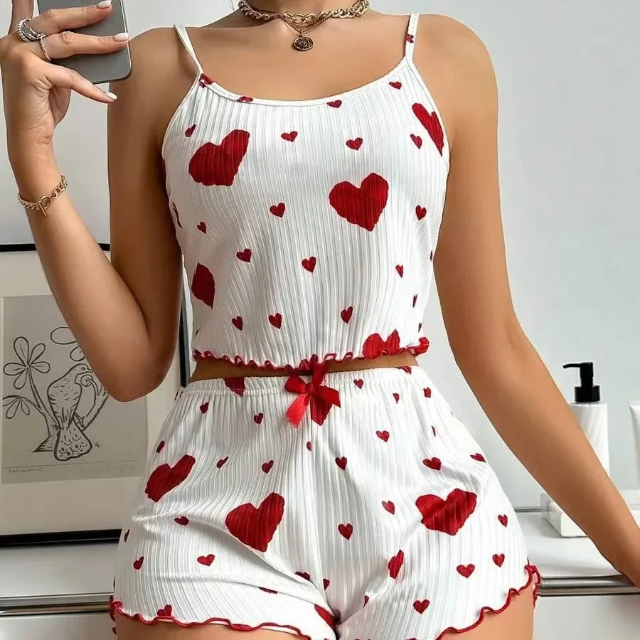 Women\'s Pajamas Set Sleepwear 2 PCS Short Tank Tops And Shorts S M L White Ventilate Soft Casual Love Printing