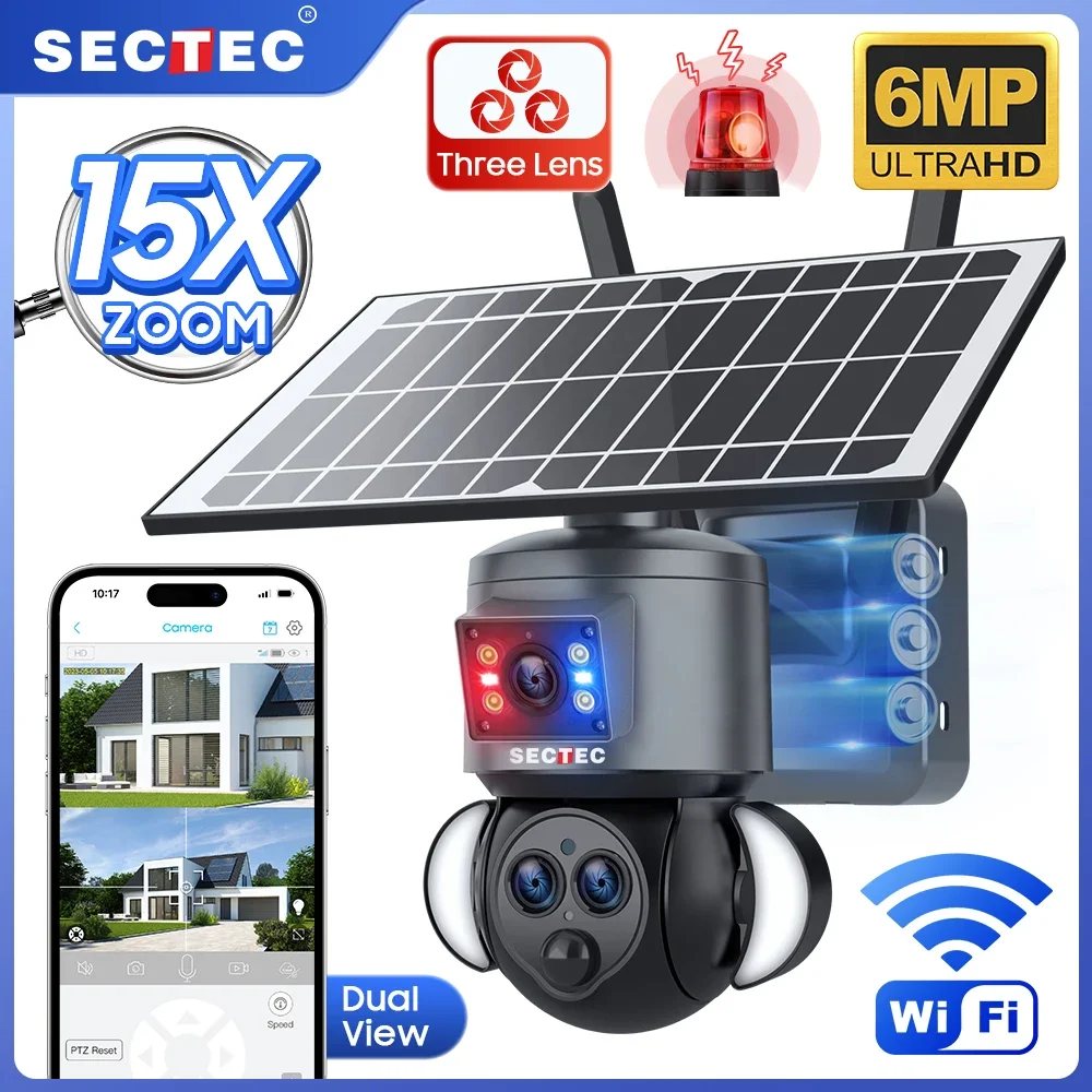 15X Zoom 3 lenti Wireless WIFI Telecamera solare IP65 6W 12000mAh Allarme Push Telecamera Panoramica Grandangolo Sistema CCTV di tracciamento umano