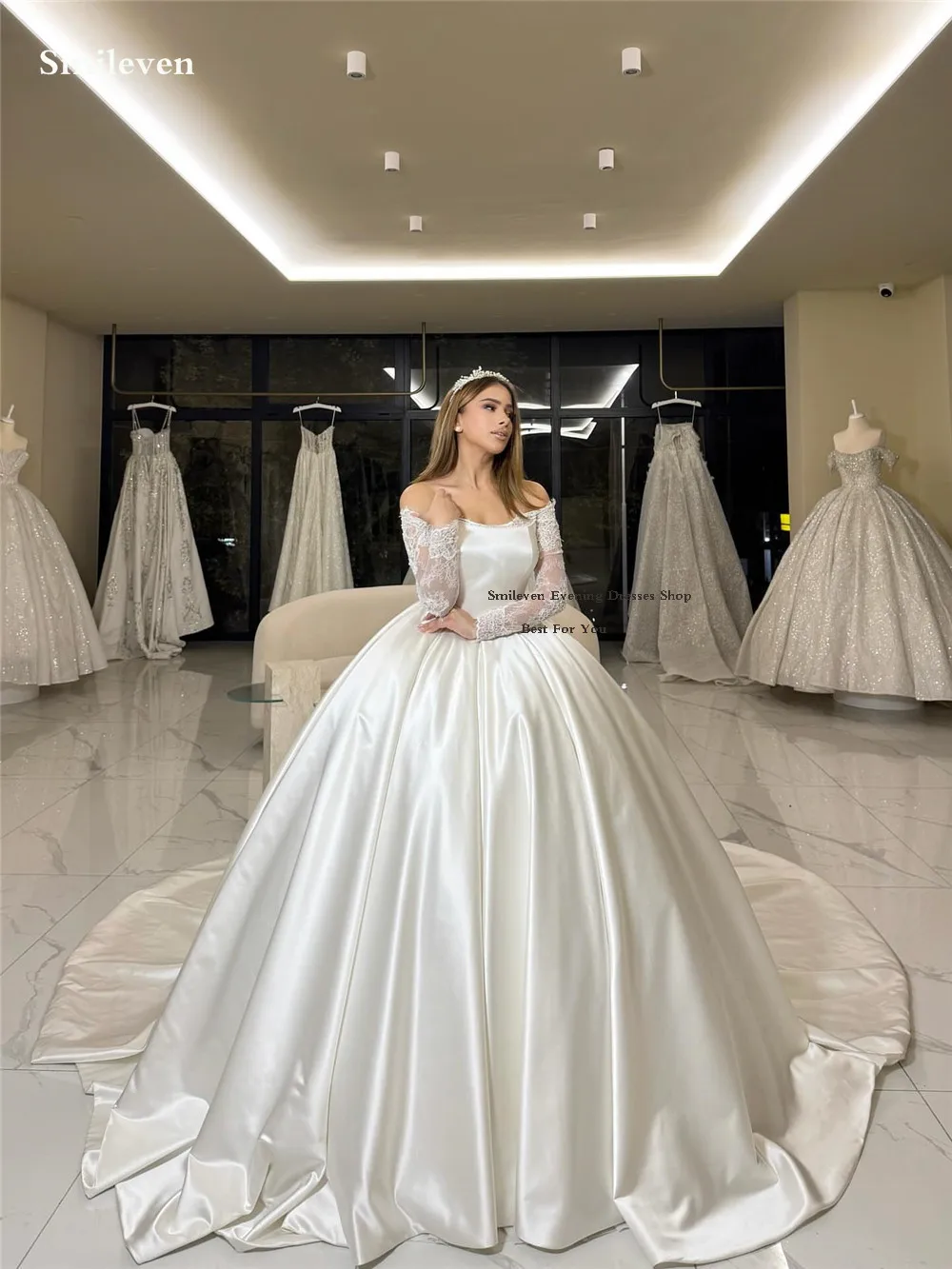 

Smileven Off The Shoulder Lace Long Sleeve Wedding Dtrsses Ball Gown Elegant Satin Wedding Party Gowns 2026 Customized