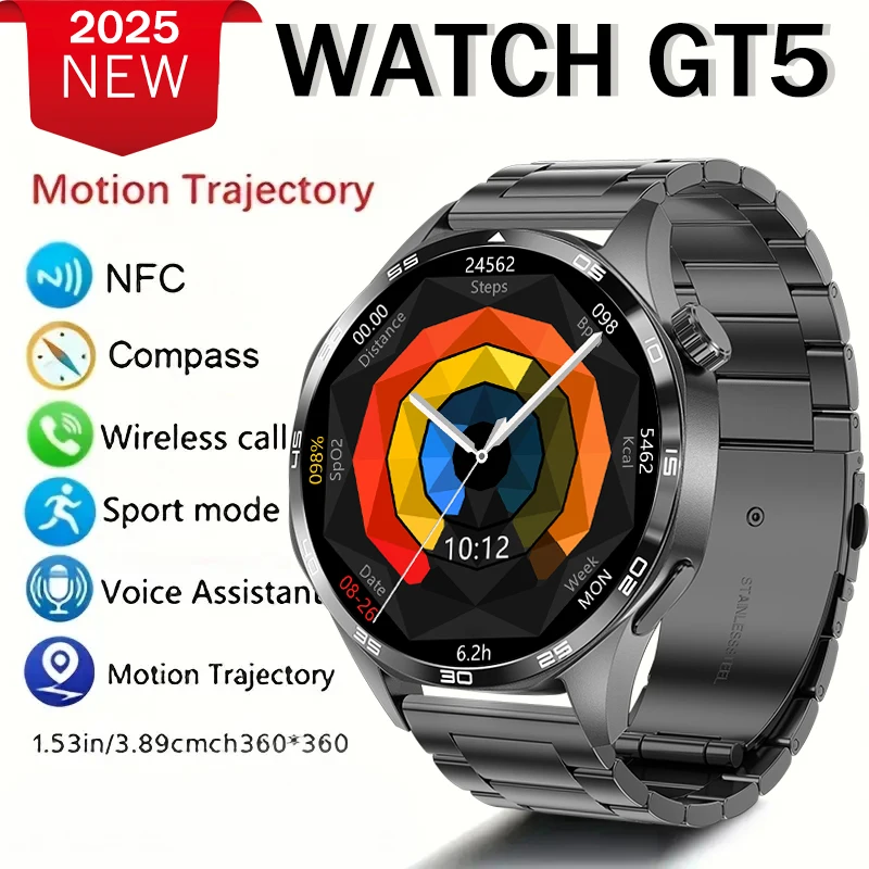 

2025 new men's smart watch GT 5 Pro AMOLED screen Bluetooth call sports smart watch heart rate outdoor waterproof smart watch