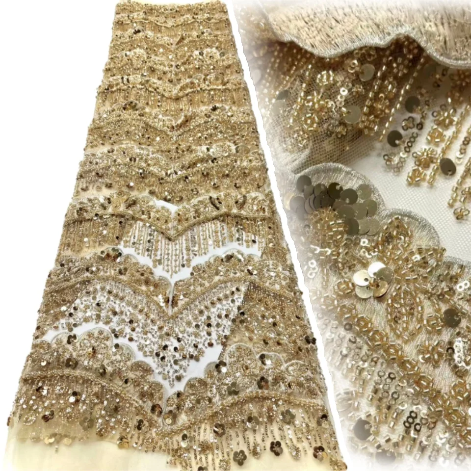 

Big Wave Flower Crystal Sequined Bead Embroidery Fabric 2025 Nigerian African High Quality Lace Fabric for Wedding Dress TP1481