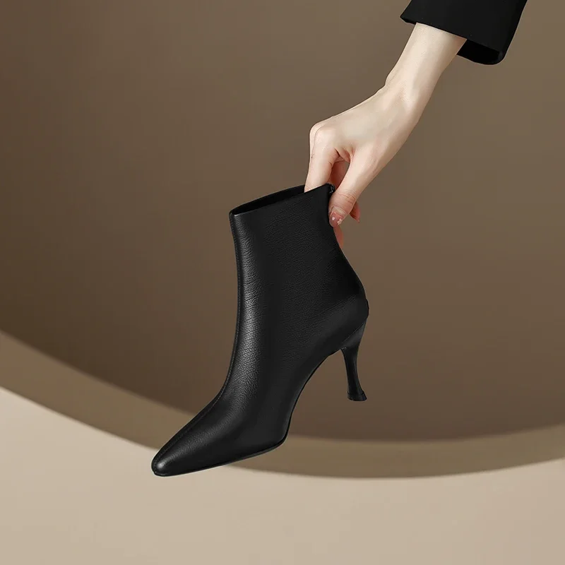 

Новинка 2026, осенне-зимние женские ботильоны из натуральной кожи, короткие ботинки из воловьей кожи высотой 22-24,5 см с острым носком на тонком высоком каблуке