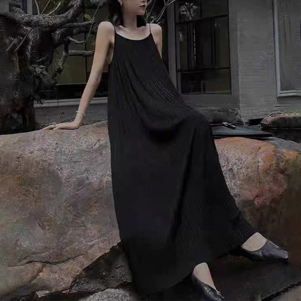 Artesanía de calidad, ajuste relajado, estilo de manga, ropa interior, sin esfuerzo, estilo perezoso, vestido con tirantes para mujer plisado