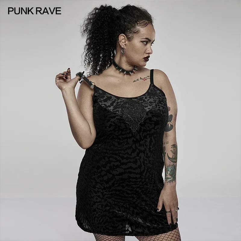 PUNK RAVE Women's Gothic Daily Elastic Velvet Sling Party Club Black Sexy Slim Mini Dress Decal Decoration Summer Women Clothing