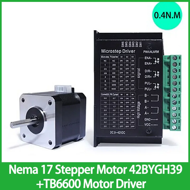 

Nema 17 Stepper Motor 42BYGH39+TB6600 Motor Driver Torque 0.4N m Shaft Diameter 5mm Single Output Shaft Durable Motor