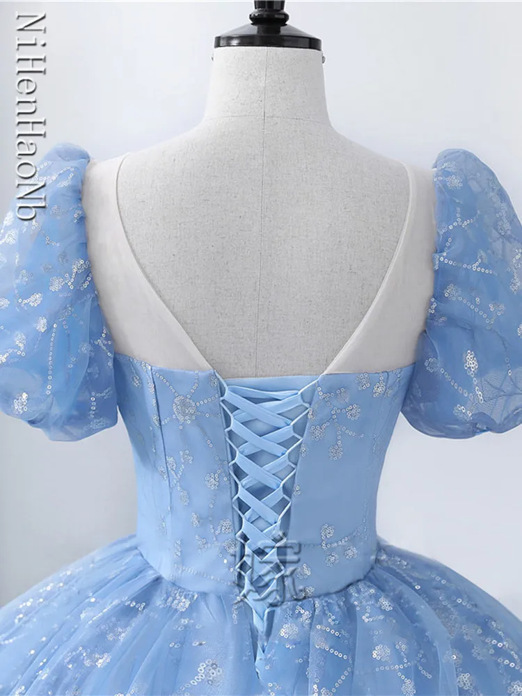 Vestido De baile De tul con lentejuelas para quinceañera, traje azul clásico, dulce, cuello redondo, largo hasta el suelo, elegante, novedad De 2023