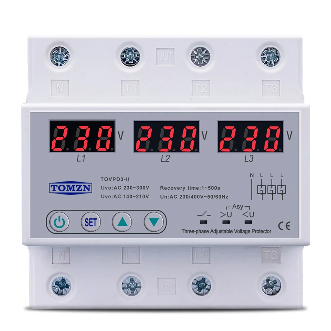 TOMZN Three Phase Adjustable Over and Under Voltage Protector Automatic Recovery Protective Device Reset 63A 380V