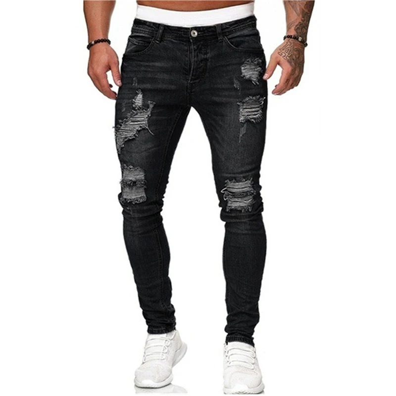 Fashion Ripped Skinny Jeans Men's Casual Street Style Worn Stretch Jeans 2024 Hip Hop Solid Color Pants In a Variety of Colors