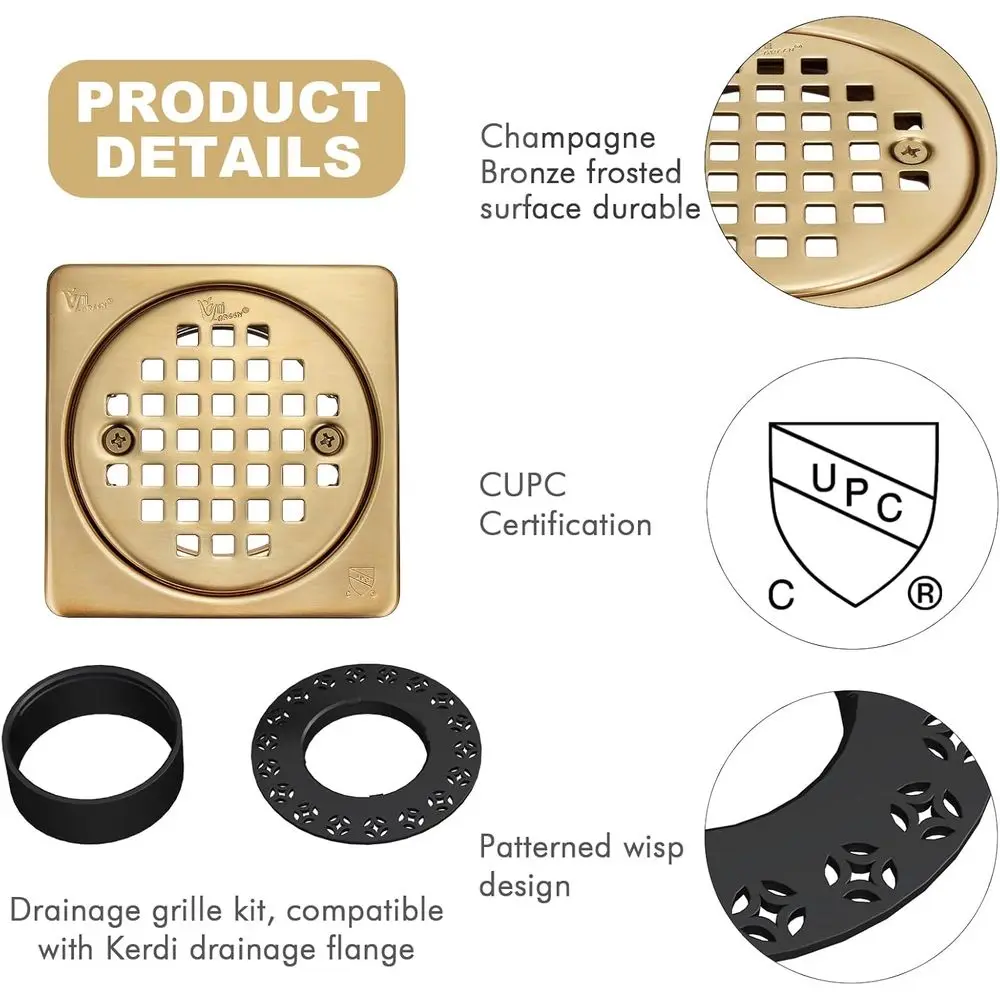 Kit de Grelha de Drenagem de Chuveiro em Bronze de 4 Polegadas com Colar Ajustável e Ralo de Chão Quadrado Removível, Compatível com o Sistema Kerdi Drain