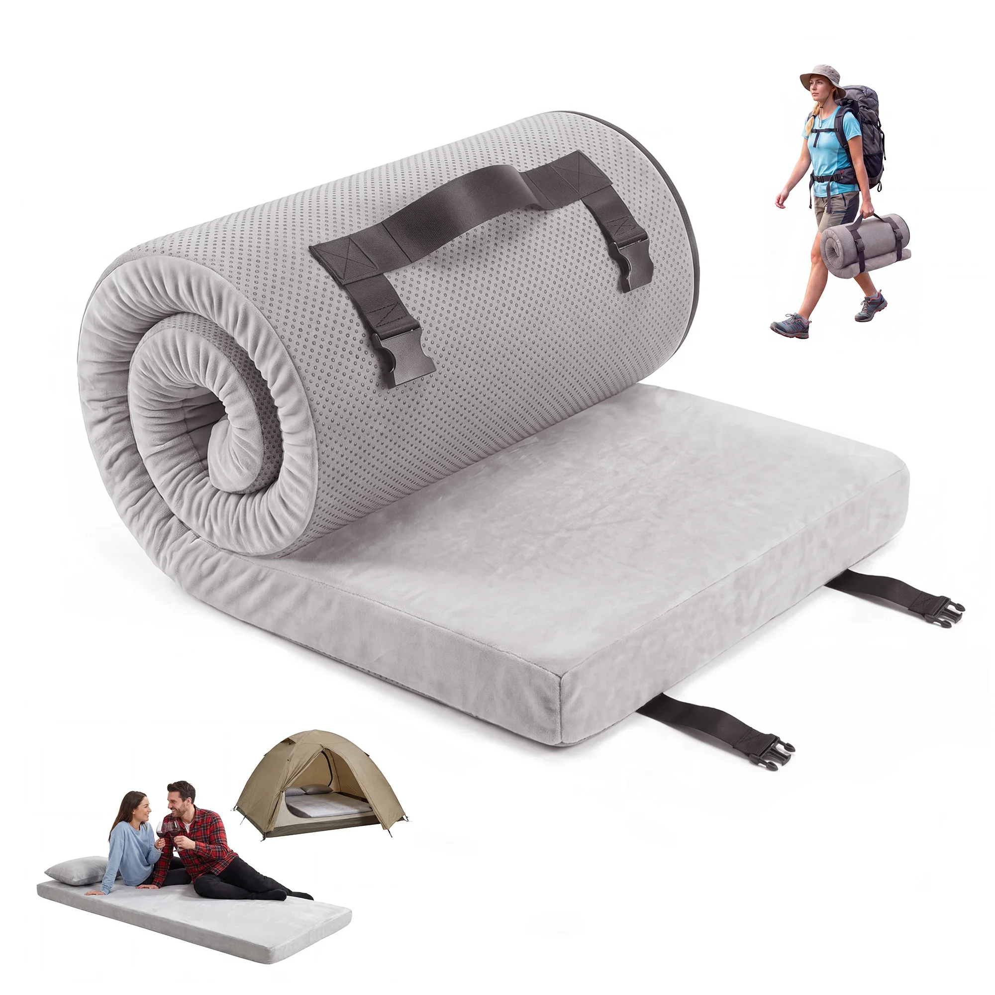 3Inch Thick Memory Foam Camping Mattress Portable Roll-Up Sleeping Pad for Outdoor & Home Use  72x24/75x54inch Gray