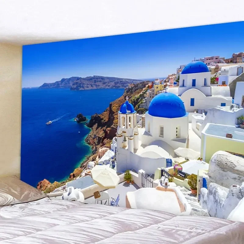 VIKAMA Mediterranean Garden Tapestry Italian Coastal Town Scenery Wall Hanging Art Decor for Bedroom Living Room Home Decoration