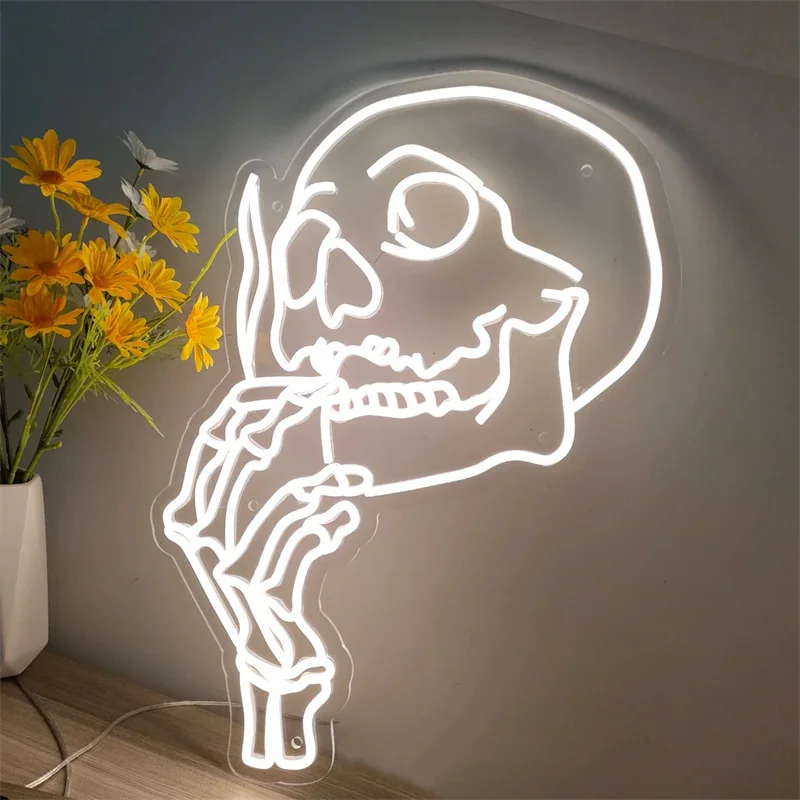 Smoking Skull Head Neon Sign, Custom, Handmade Art, Neon Light, White Vibes para Decoração de Parede, Presentes Estéticos Personalizados