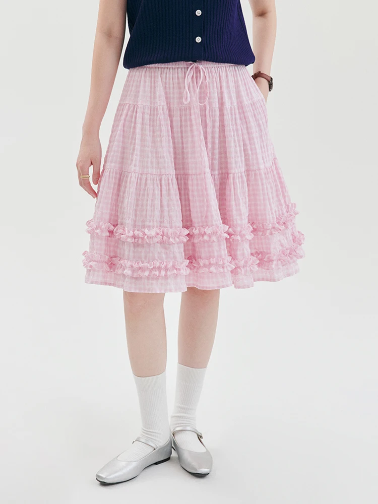 AMUU Original Pink Plaid Pure Cotton Wooden  Short Skirt Women's Summer New Half Skirt Korean Style High Waist A-Line Skirt