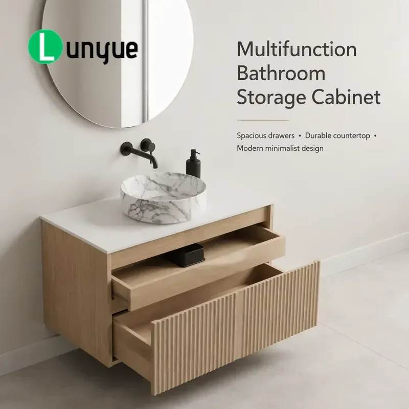 Modern Wall Mounted Bathroom Vanity Cabinet Corrugated Wood Front 2 Drawers Sink Compatible Customizable Projects