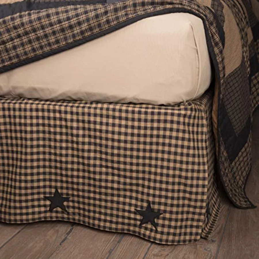 

Check Star Cotton Primitive Split Corners Appliqued Bed Skirt Raven Black
