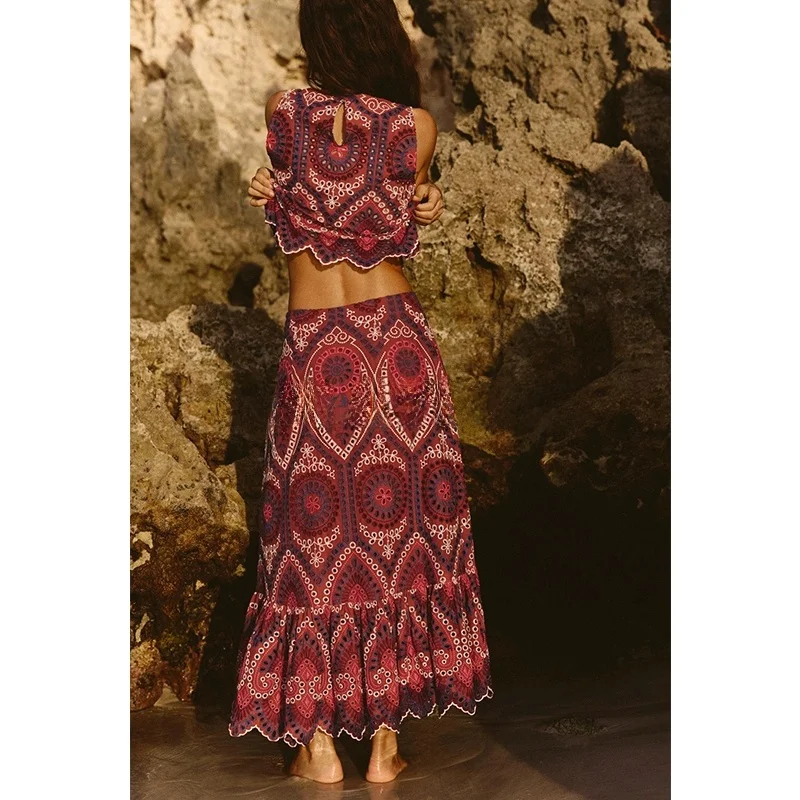 Comfortable round Ne Svel Embroidered High Waist Midi Skirt Two Piece Set Spring Faion Women's Clothing