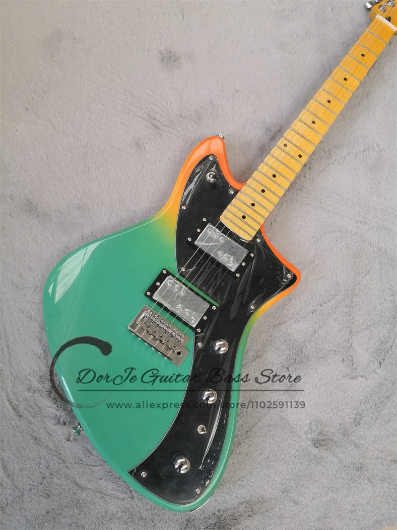 

Orange Green ELectric Guitar Color Gradient Body Yellow Neck Big Black Pickups Fixed Bridge