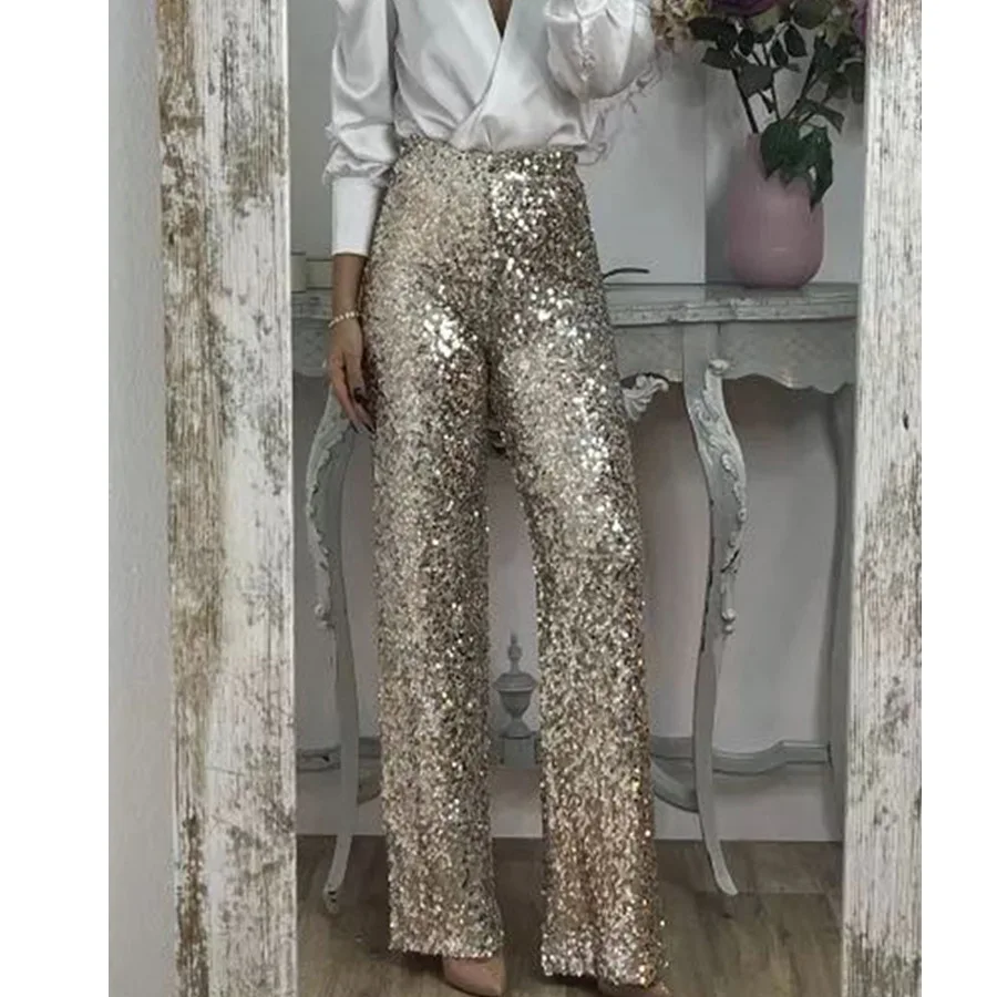 Trendy Solid Color Sequin Pants Women Spring Summer New Fashion Slim Stretch Flared Trousers Female Temperament Commuting Outfit