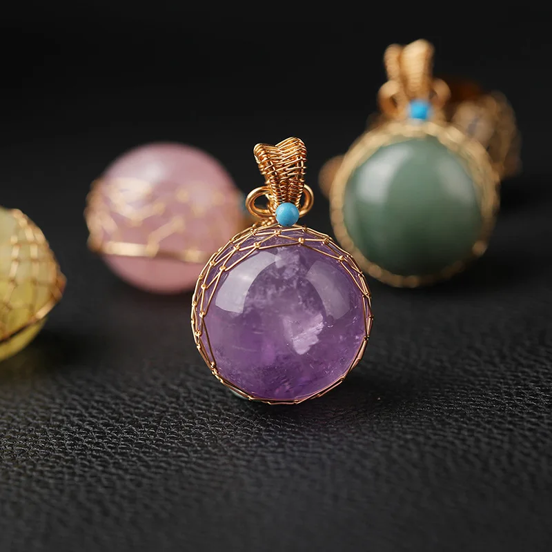 6pc Natural Stone Rose Quartz Crystal Ball Lucky Pendant Golden Wire Wrapped Net Energy Gemstone Reiki Healing Spiritual Jewelry