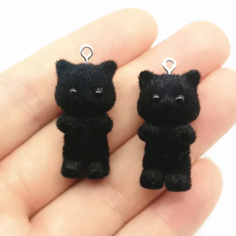 2pcs Cute 3D Fluffy Flocking Resin Cat Charms