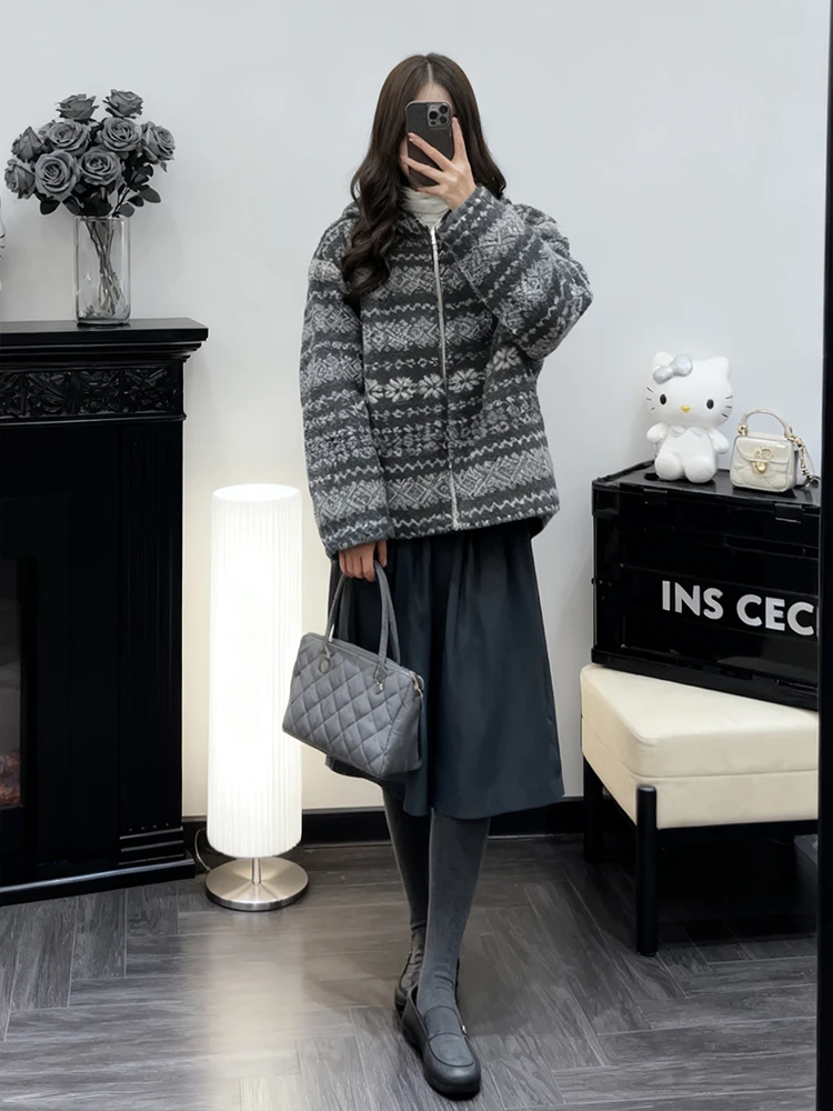 Laid-back Style Fair Isle Zipper Short Jacket Women's Loose Slimming Top Winter New Arrival Premium Feeling Female Outerwear