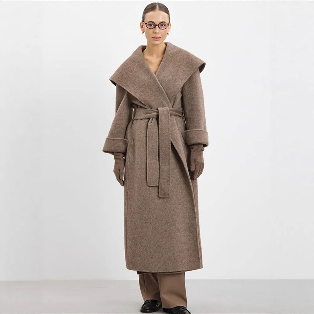 2026 Winter Elegant Wool Women Long Coat Belt Design Solid Coats Shawl Collar Thicken Lady Coats  Fashion Female Outwears
