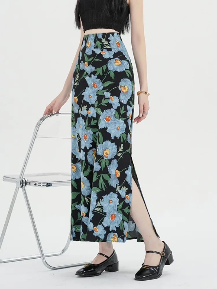 2025 New Fashion Elastic Waist Retro Printing Long Mermaid Skirt  Vacation Style High Split Slit Fishtail Skirts for Women