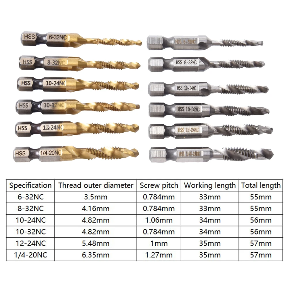 6pcs Hex Shank HSS Tap Drill Bits Set Hex Shank Screw Thread Bit Screw Machine Compound Tap Hand Tools 6-32NC 8-32NC 10-24NC