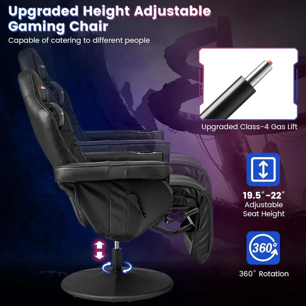 Height Adjustable Massage Video Game Chair with Retractable Footrest, Cup Holder, Headrest, Swivel Office Chair