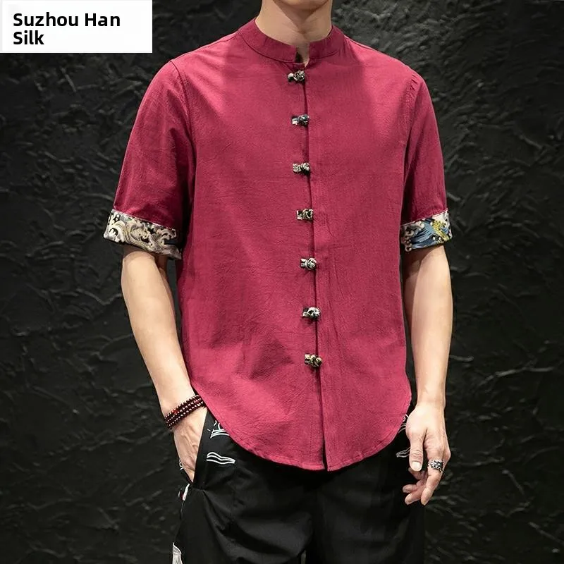 

Men's Cotton Linen Short Sleeve Shirt Stand Collar Button down Tang Costume Hanfu Half Sleeve Shirt Summer Fashion Male Model