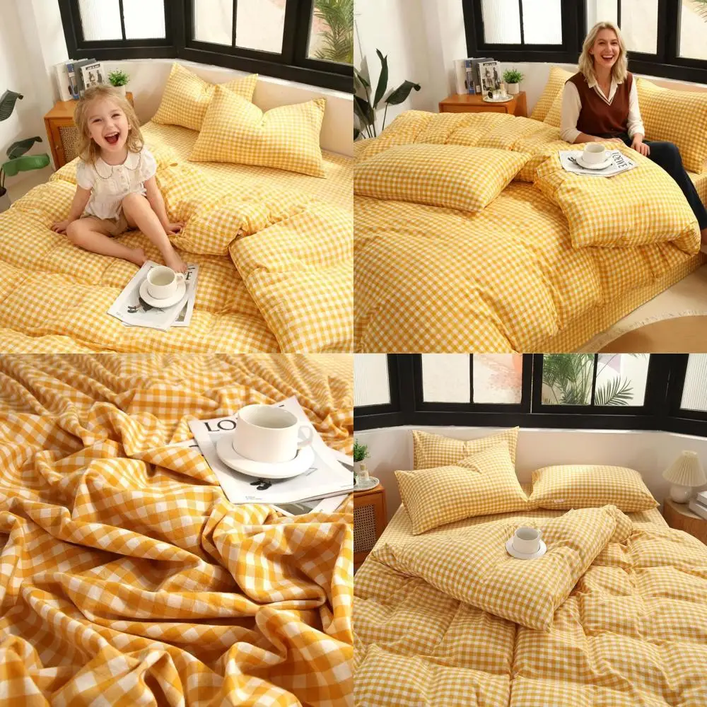 

Комплект постельного белья Queen Size из трех предметов в мелкую клетку: 100% мягкий стираный хлопок, пододеяльник и наволочки в желтой клетку.