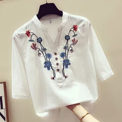 New Womens Tops and Blouses Loose women's Shirts Cotton White Blouse Elegant Embroidery V-Neck Shirts 2024 Summer Clothes 3140