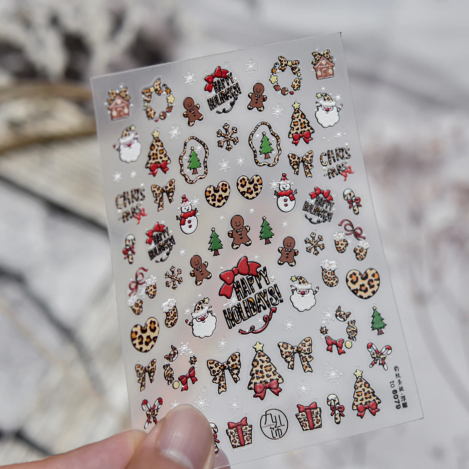 Vintage Leopard Christmas 5D Nail Stickers Leopard Xmas Tree Bow Heart Gingerbread Man Santa Snowman Cabin Gift Box Candy Cane