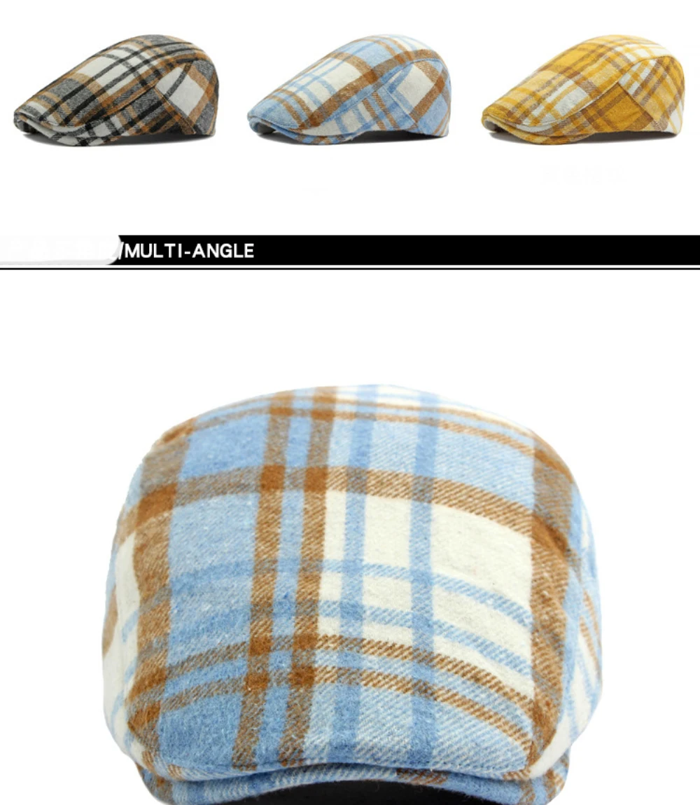 HT4219 Baskenmützen Herbst Winter Karierte Baskenmütze für Männer und Frauen Vintage Künstler Maler Wollmütze Männlich Weiblich Verstellbare Ivy Flachmützen – Detail 5