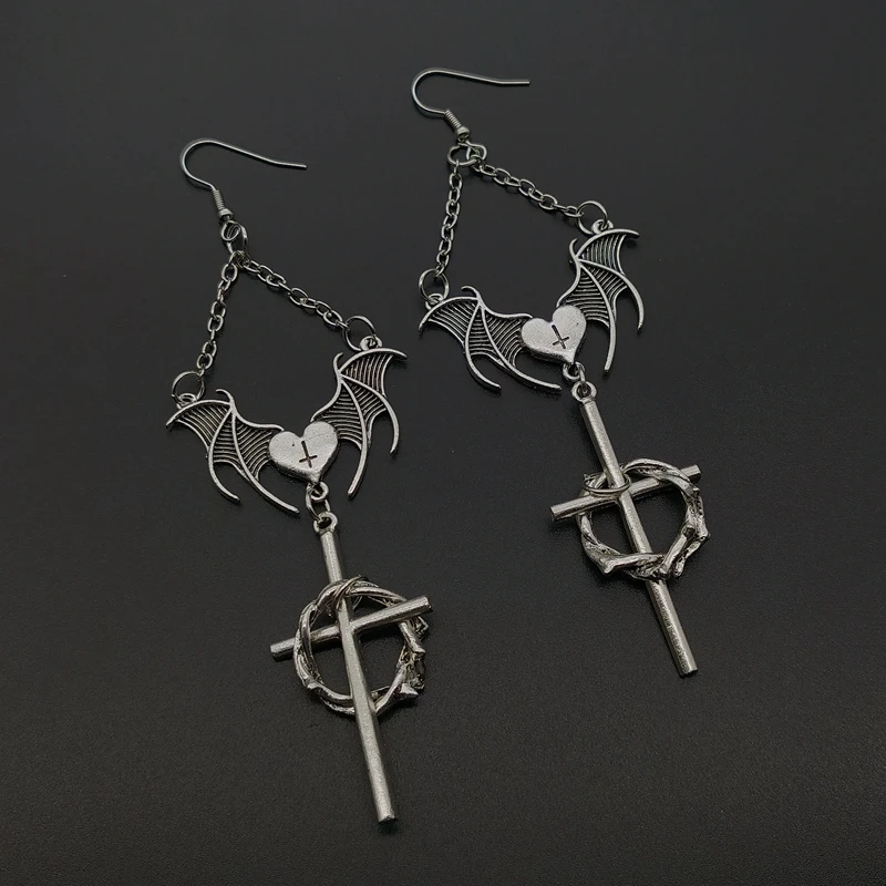 Goth Thorns Cross Drop Earrings Vintage Goth Gothic Silver Colour Big Cross Dangle Drop Earrings Goth Egirl Accessories Jewelry