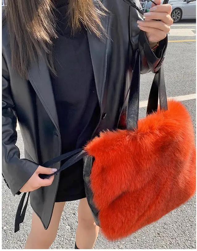 New 2023 Fashion Large Tote Bag Luxury Genuine Fox Fur Women Handbags Designer Lady Fluffy Soft  Bag Warm Winter Gift