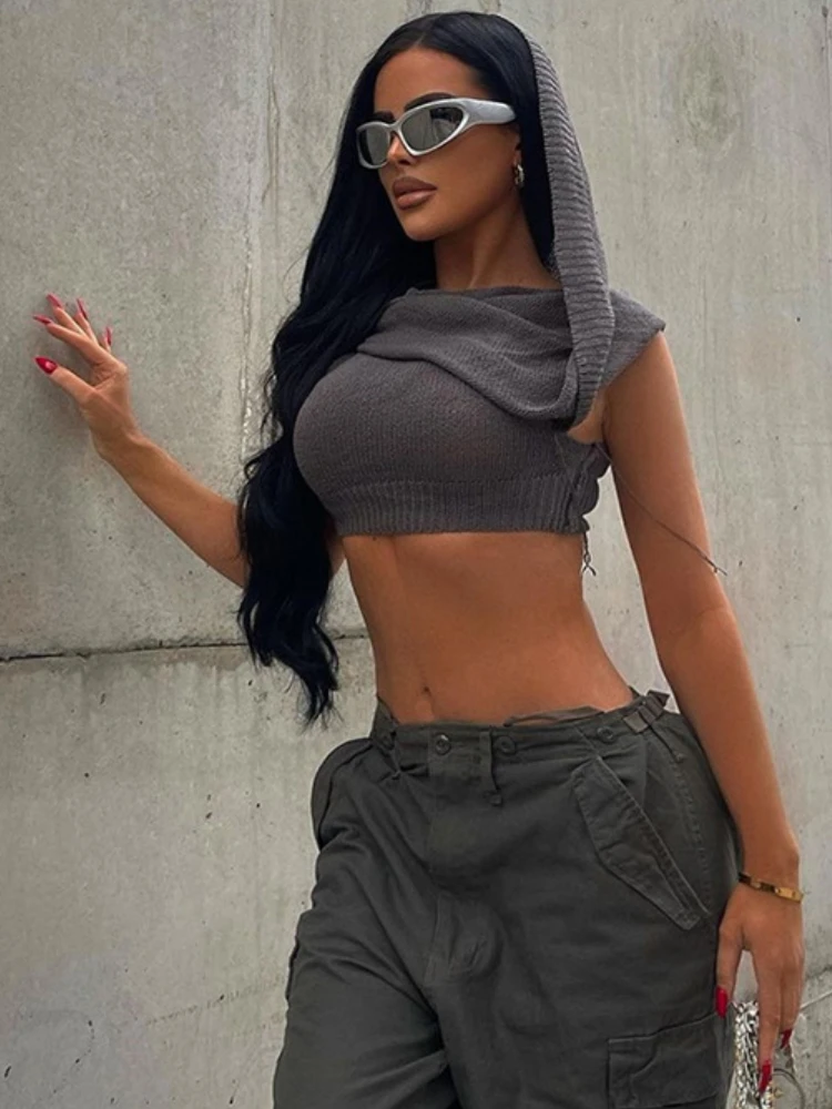 Hooded Tank Top Women Grunge Clothes Super Short Cute Crop Top Y2k Accessories Sleeveless Camison Verano Knitting Ropa De Mujer