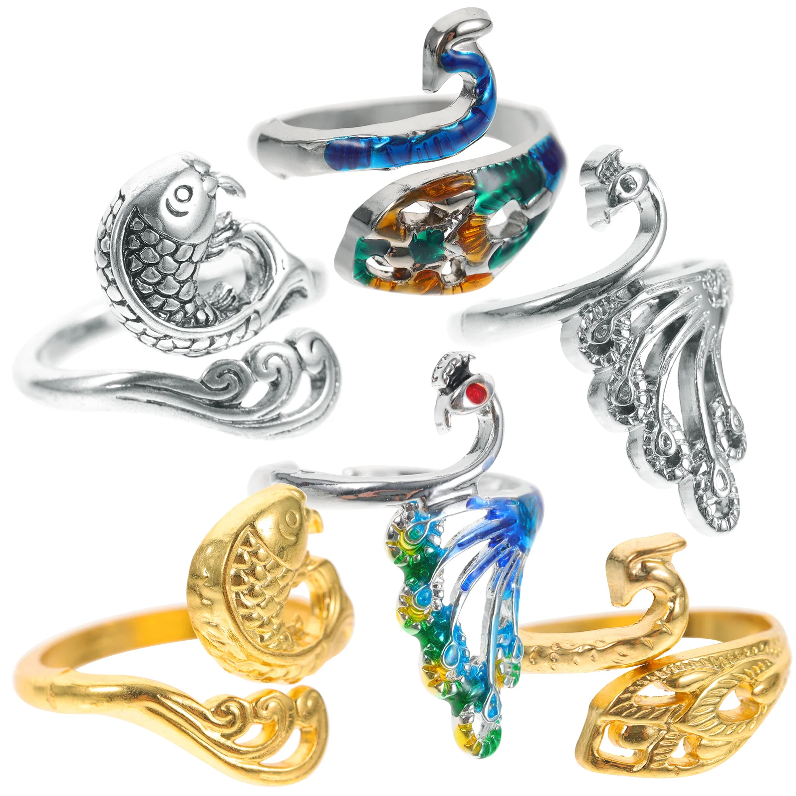 

6Pcs Retro Peacock Rings Fashionable Alloy Jewelry Set Adjustable Knitting Yarn Guide Finger Holder Sewing