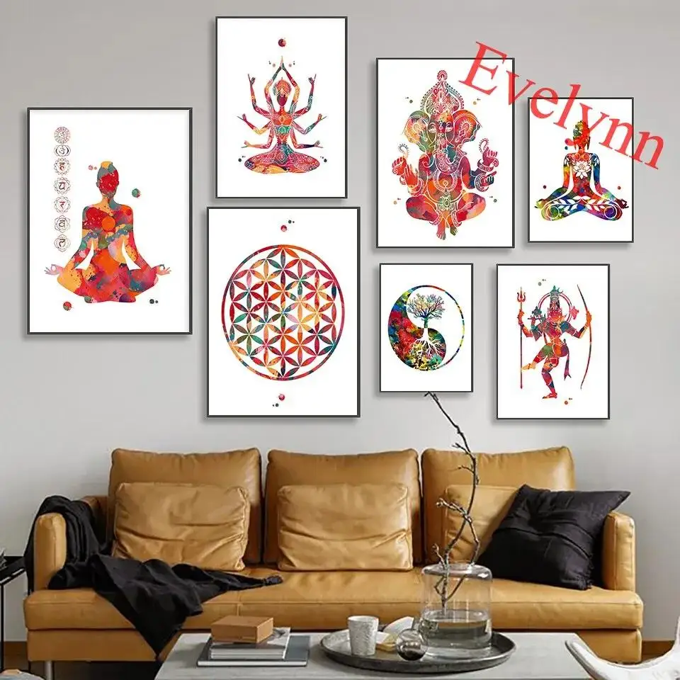 Spiritual Yoga Meditation Wall Art Watercolor Ganesha Shiva Kali Yin Yang Tree Home Decor Poster Print